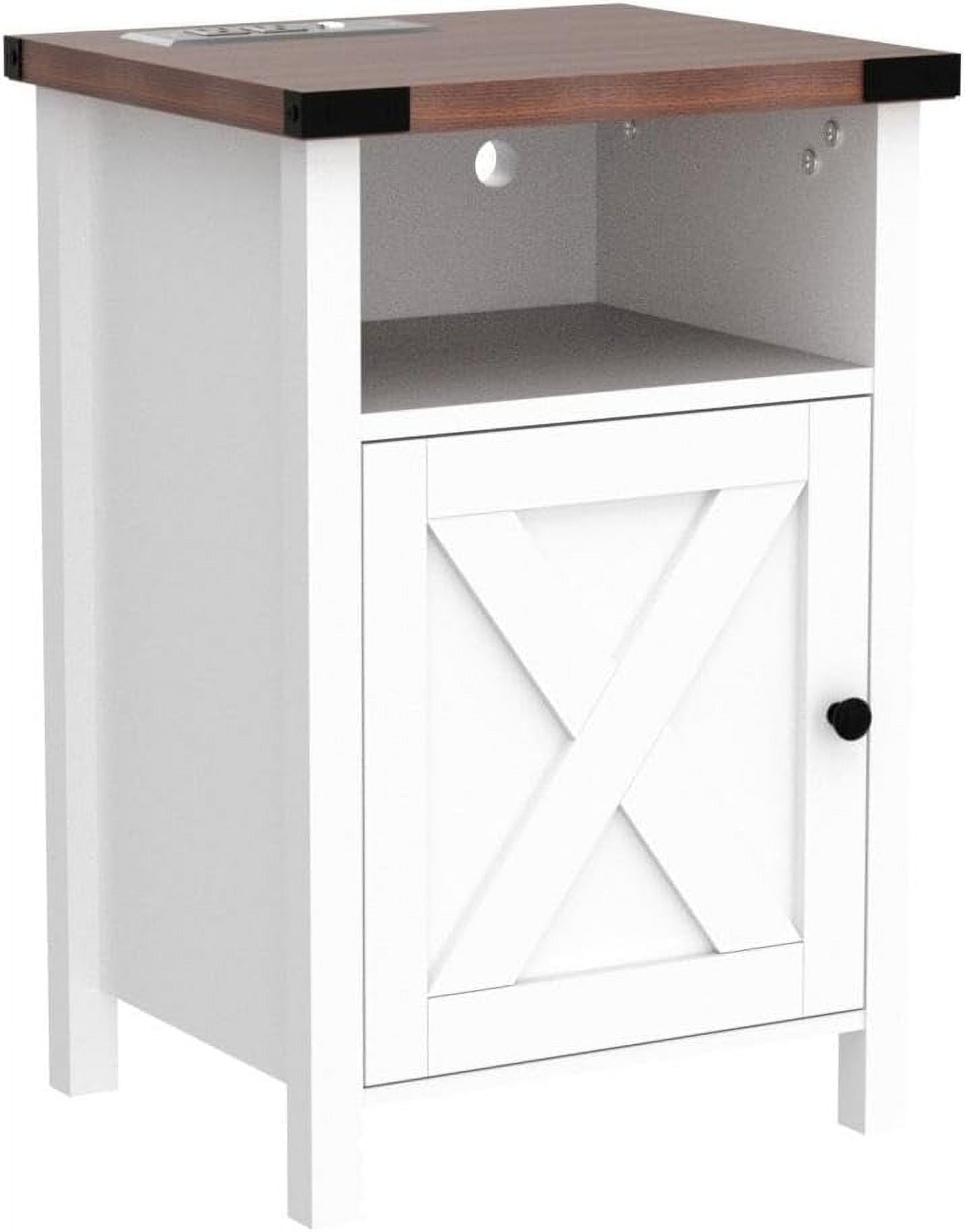 ChVans Set of 2 Farmhouse Nightstand with LED Lights & Charging Station for Bedroom, Rustic End Table with Barn Door & Storage Shelf, White