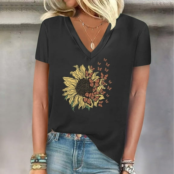 Wancir Women's V Neck T Shirts Casual Rolled Short Sleeve Side Split Summer Tops Loose Fit