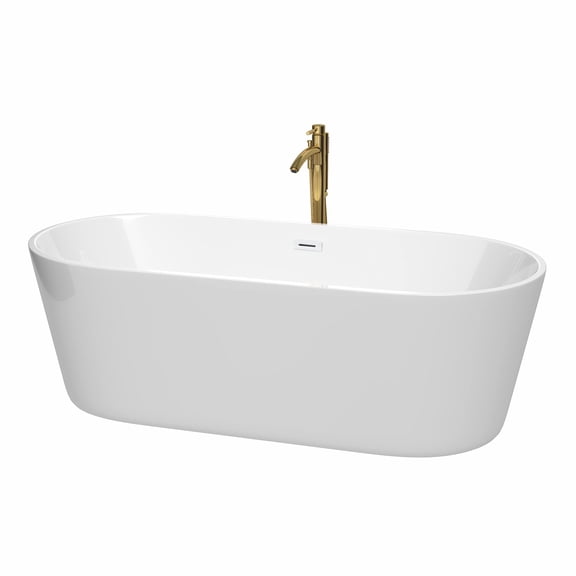 Carissa 71 Inch Freestanding Bathtub in White with Shiny White Trim and Floor Mounted Faucet in Brushed Gold