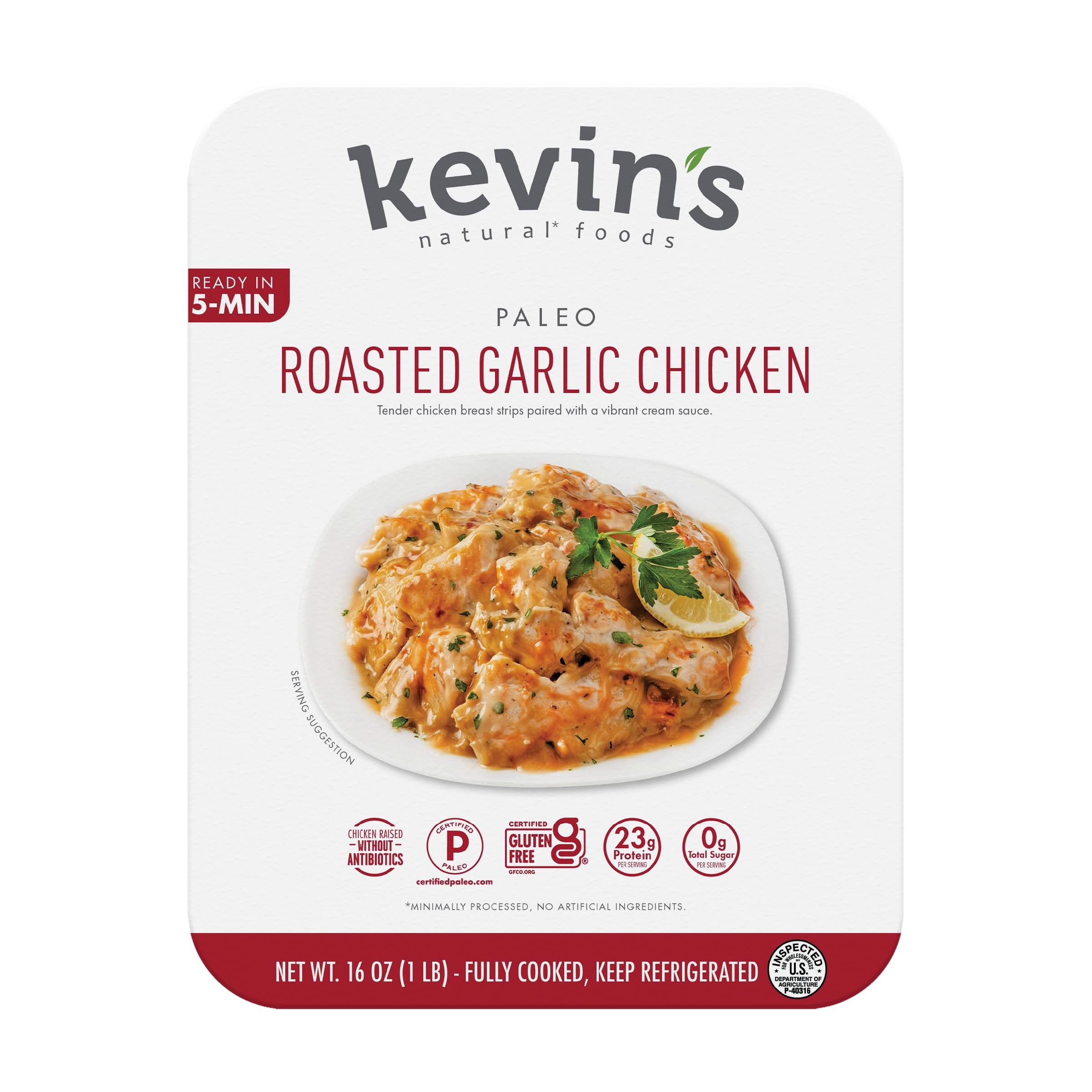 (4 pack) Kevin's Natural Foods Roasted Garlic Chicken, Full Size Refrigerated Entree, 16 oz