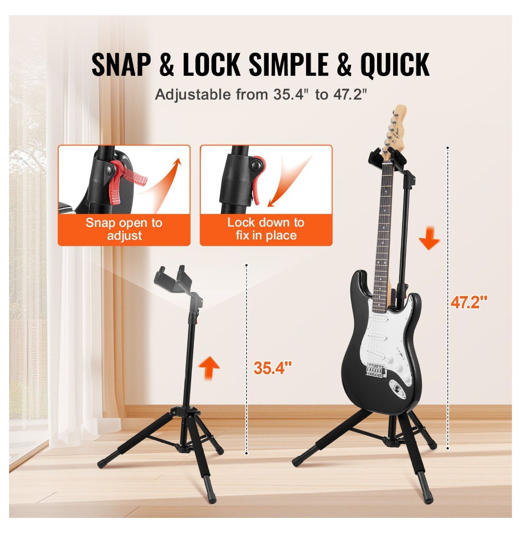 Guitar Stand Tripod, 33 lbs Capacity, Adjustable 35.4-47.2in, Foldable Guitar Holder for Acoustic Electric Classical Bass, Floor Display Rack