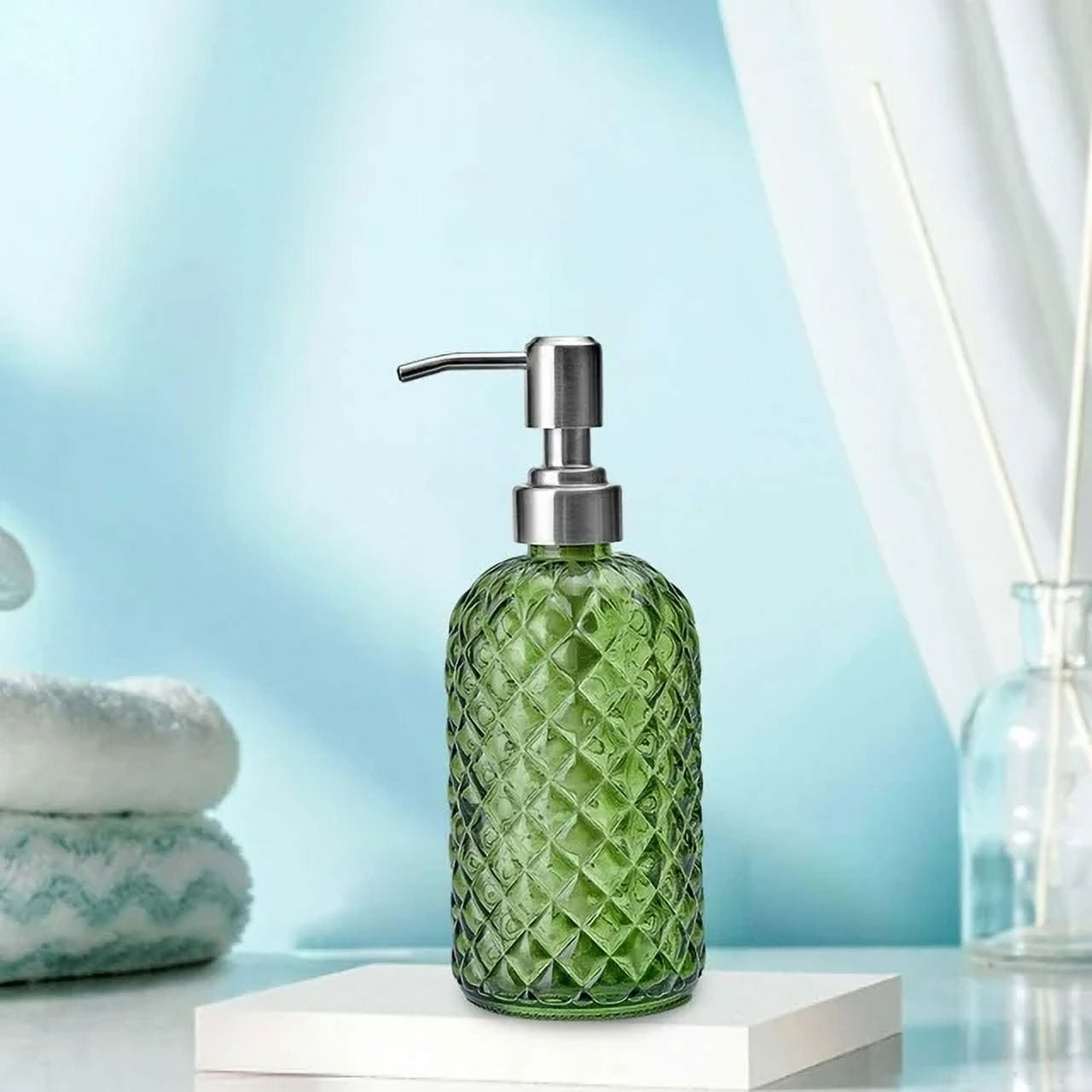 AIGIA Pump Soap Dispenser Bottle, 13.5oz Hand Soap Dispenser with Stainless Steel Pump,Refillable Liquid Glass Soap Dispenser Empty for Kitchen, Bathroom Countertop