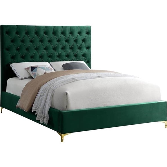 Maklaine Contemporary Solid Wood Tufted Velvet Queen Bed in Green