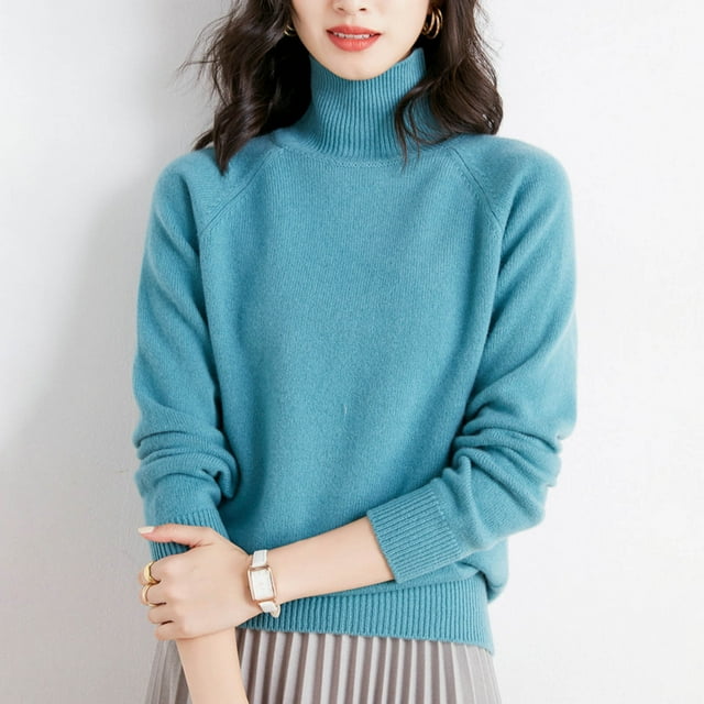 Women's Solid Color High Neck Long Sleeve Pullover Sweater - Casual Polyester Tunic Top for Fall and Winter