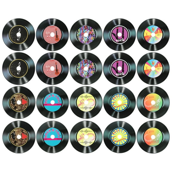 Uxcell 20 Pack Vinyl Records Decor, 5.5 Inch Blank Vinyl Records 10 Designs Fake CD Album Cover for Rock and Roll Party Dining Home Decorations, (Black, Style 2)