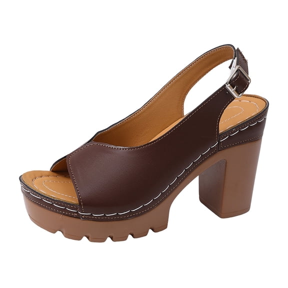 Fiaer Women's Summer Platform High Heeled Sandals Leather Ankle Strap Block Heels on Sandal Open Toe Hollow Retro Sandals Brown 9.5