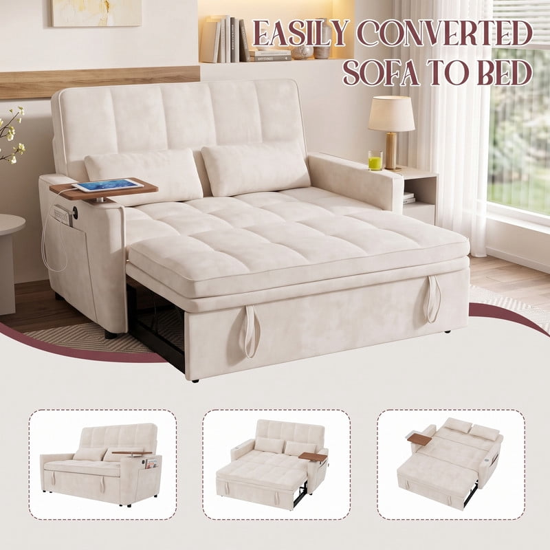avobird 54'' Pull Out Sofa Bed, Convertible Sleeper Couch for for Living Room, Side Desk, USB Ports, Cup Hold, Velvet Fabric, Adjustable Backrest, Beige