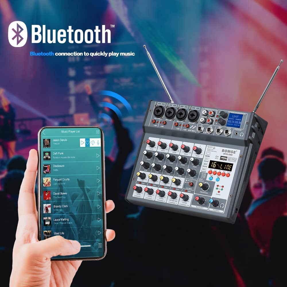 BOMGE 6 channel Audio DJ Console Mixer Soundcard with 2 Wireless Microphoneh,MP3,USB Bluetooth, 48V phantom for Home Studio Recording DJ Network Live Karaoke 16 Echo/Delay (06E-grey)