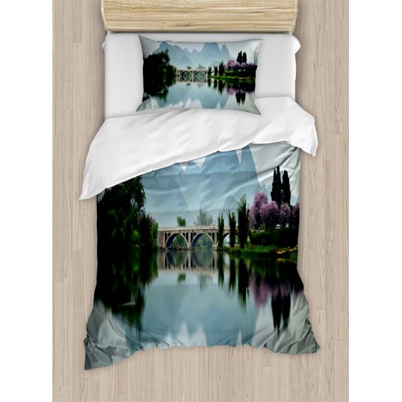 Farm House Decor Twin Size Duvet Cover Set, Japanese National Park Bridge Reflections of the Mount on the Lake Scenery, Decorative 2 Piece Bedding Set with 1 Pillow Sham, Multi, by Ambesonne