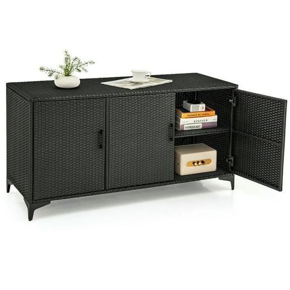 Spaco 84 Gallon Patio Wicker Deck Box, Multifunctional 3-Door PE Rattan Storage Container, Storage Box with Removable Shelves, Black