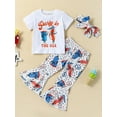 thumbnail image 2 of CIYCuIT Toddler Baby Girls 4th of July Long Pants Sets Short Sleeve Letter Print T-shirt + Flare Pants + Headband 3Pcs 6M-4T Kids Independence Day Summer Outfits, 2 of 9