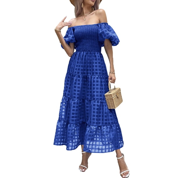 Vestido PRETTYGARDEN Maxi Azul con Mangas Abullonadas Talla XXL