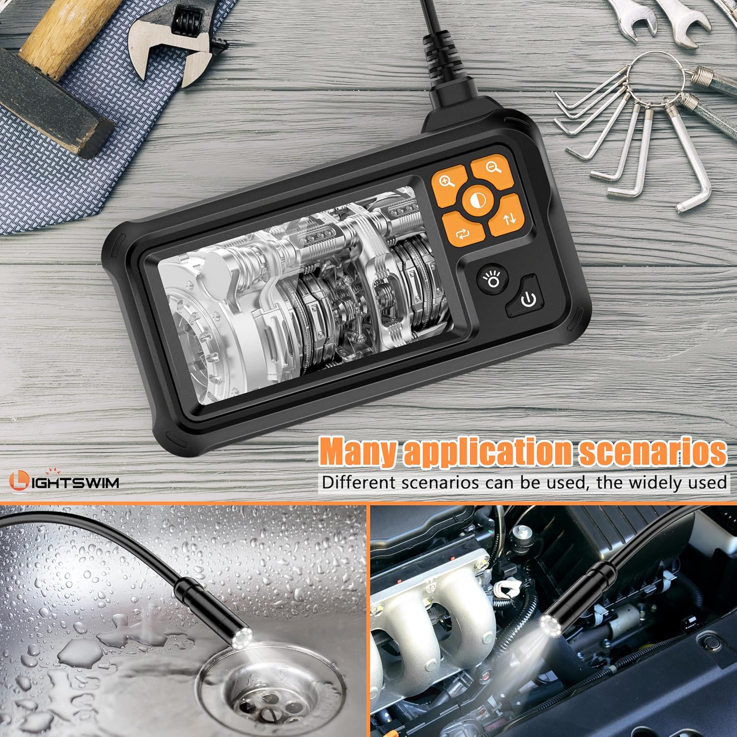 1080P Industrial Digital Borescope, 4.3 Inch IPS Endoscopic Inspection Camera with Handheld IP67 Waterproof Snake Sewer with 8 LED Lights, Semi-Rigid Cable