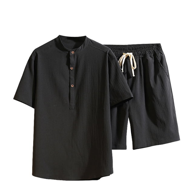 Two Piece Pants Sets Mens Two Piece Solid Cotton Linen Short Sleeve V Neck Tops and Shorts Set