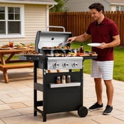 Segmart 3 Burner BBQ Propane Gas Grill, Stainless Steel 27,000 BTU Patio Garden Barbecue Grill with Side Tables, Hanging Basket & Thermometer, Perfect for Camping, Outdoor Cooking