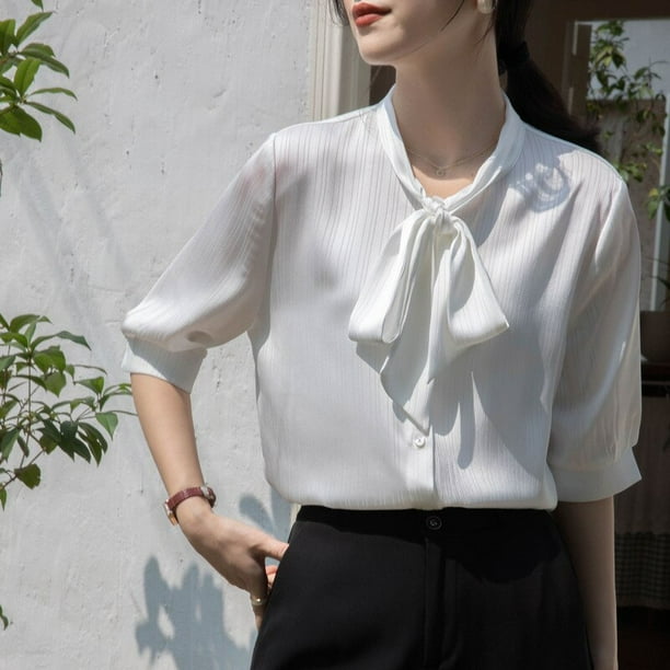 Blusa de manga corta con cuello de correa para mujer camisa con colgante para ir al trabajo 2023 Walmart en linea