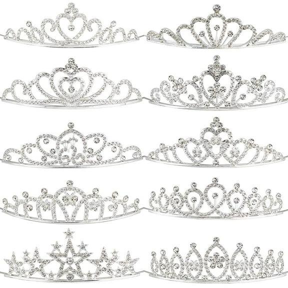 10Pcs Princess Dazzling Rhinestone Tiara Hair Band Silver Metal Birthday Party Prom Bridal Wedding Headbands Hair Tiaras Headpieces Set for Women Brides Bridesmaids Decoration