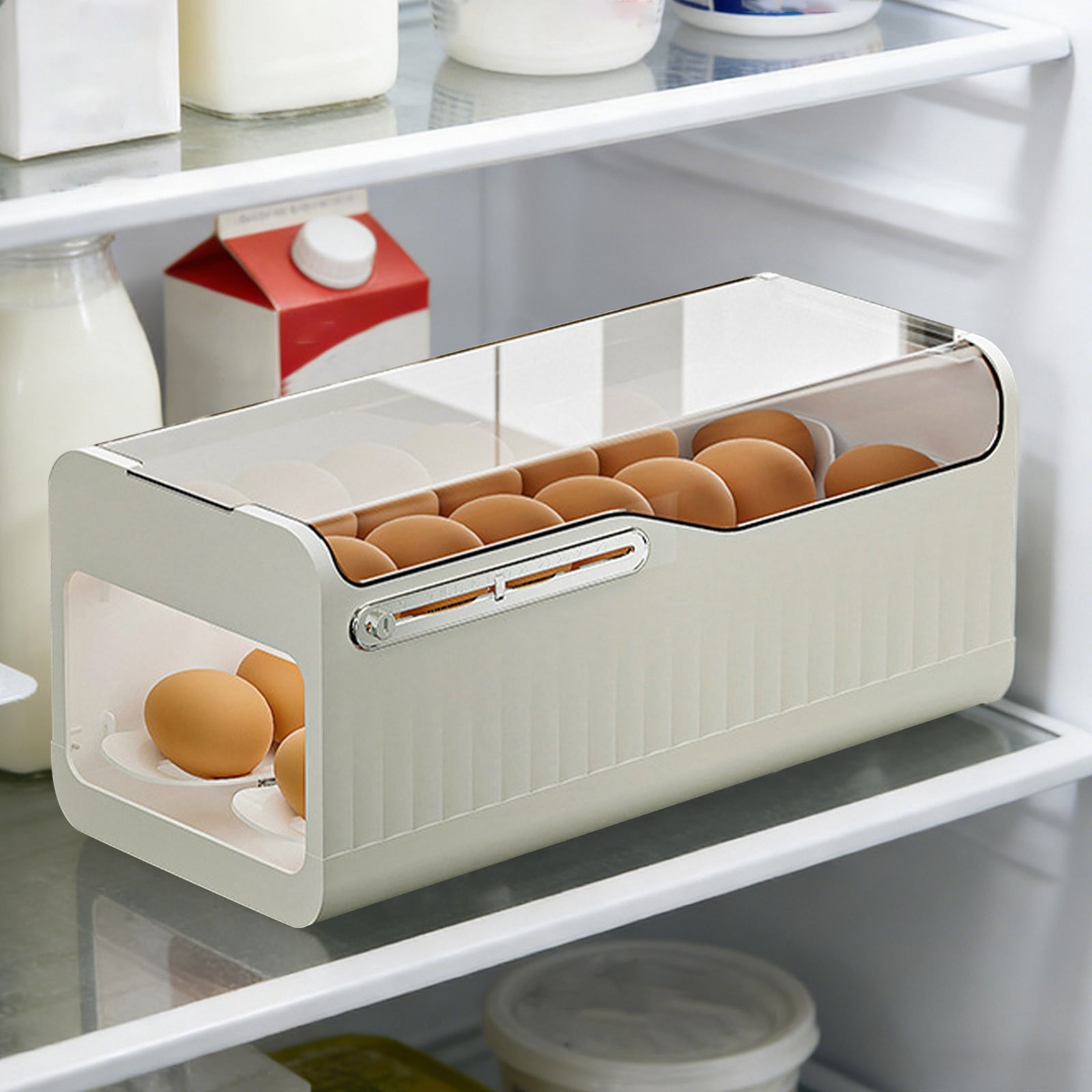 Automatic Rolling Egg Holder for Refrigerator, 2 Layer Stackable Egg Organizer with Lid, Clear Egg Storage Container and Tray for Fridge Door, Large Capacity Space Saving