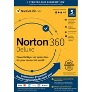 Norton 21389902 360 Deluxe 5 Devices Antivirus software with Auto Renewal - Includes VPN, PC Cloud Backup & Dark Web Monitoring powered by LifeLock [Key Card]