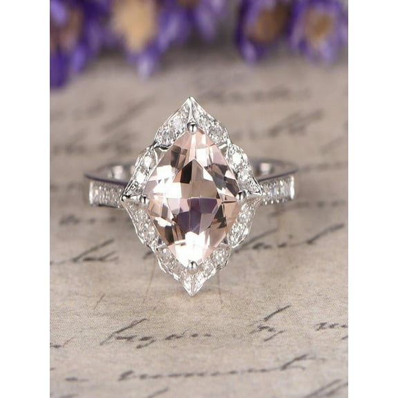 Limited Time Sale: 1.25 Carat Peach Pink Morganite (cushion cut Morganite) and Diamond Engagement Ring in 10k White Gold
