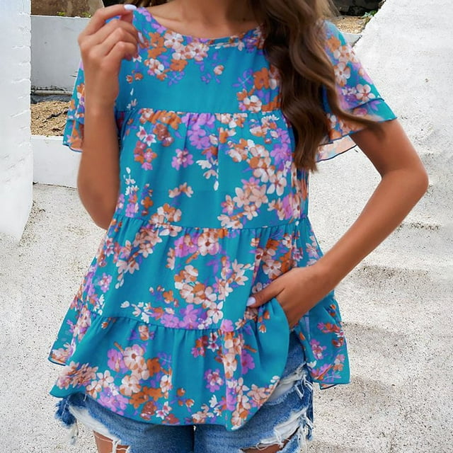CHUANK Womens Short Sleeve Tops Spring Blouse Tunic Ruffle Layered Retro Vintage Floral Curvy Hem Shirts Puff Sleeve Short Sleeve Tees Pullovers V Neck Tshirts Loose Fit Outfits