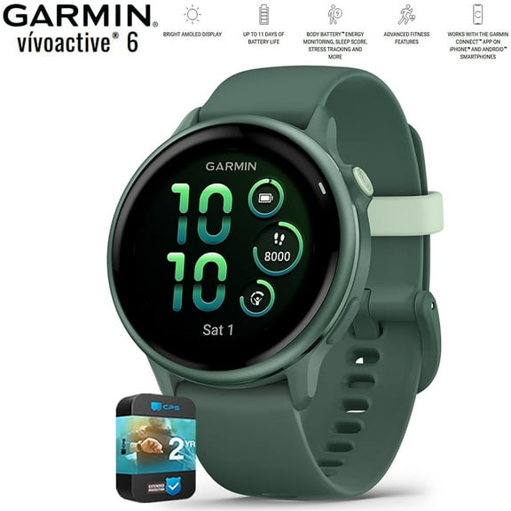Garmin 010-02985-02 VIVOACTIVE 6 Health and Fitness GPS Smartwatch Jasper Green with Silicone Band Bundle with 2 YR CPS Enhanced Protection Pack