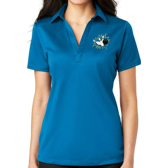 Ladie's Crashing Bowling Pins No Button Polo Shirt, 4XL Brilliant Blue