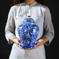 thumbnail image 3 of Jarrón de cerámica de jengibre de porcelana azul y blanca con tapa, adorno de regalo para oficina M, 3 of 9