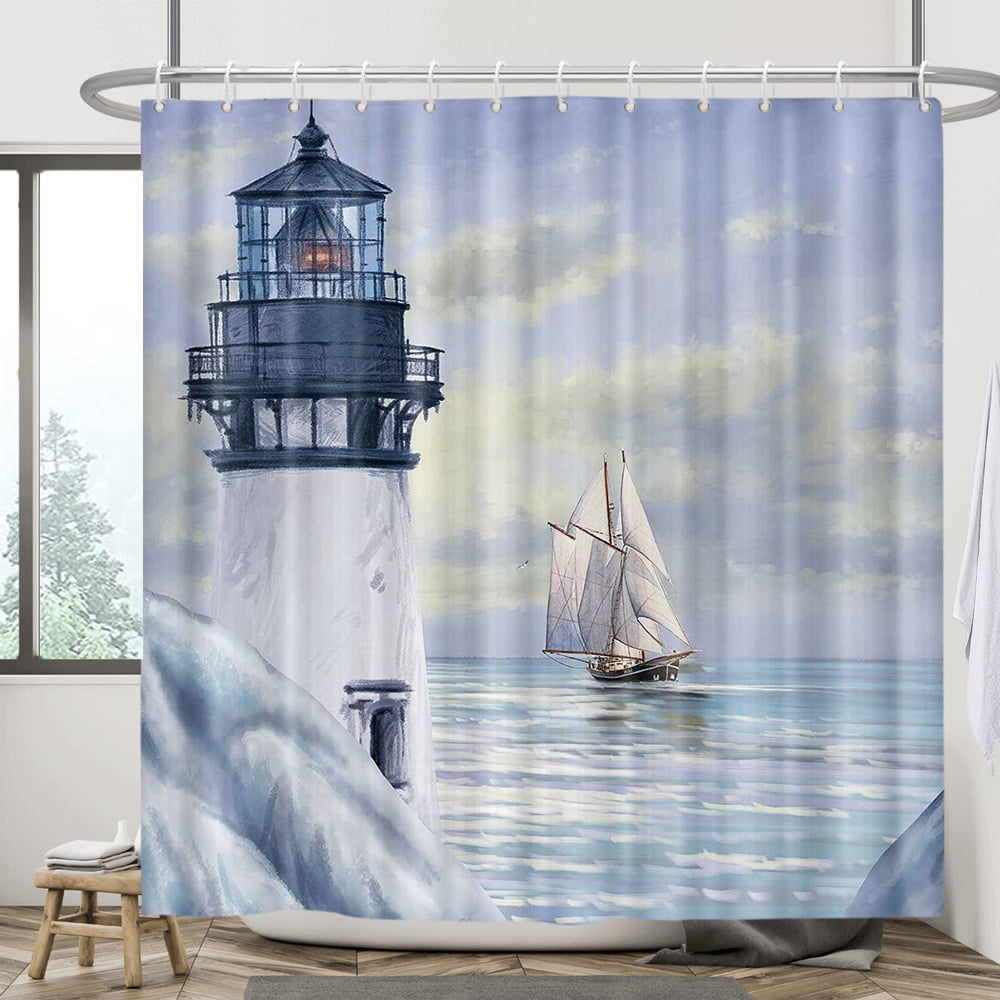 Coastal Lighthouse Shower Curtain, Bluish Violet Ocean Shower Curtain Sets for Bathroom,Waterproof Sailboat Nautical Shower Curtain Decor Accessories with Hooks 60X70 inch