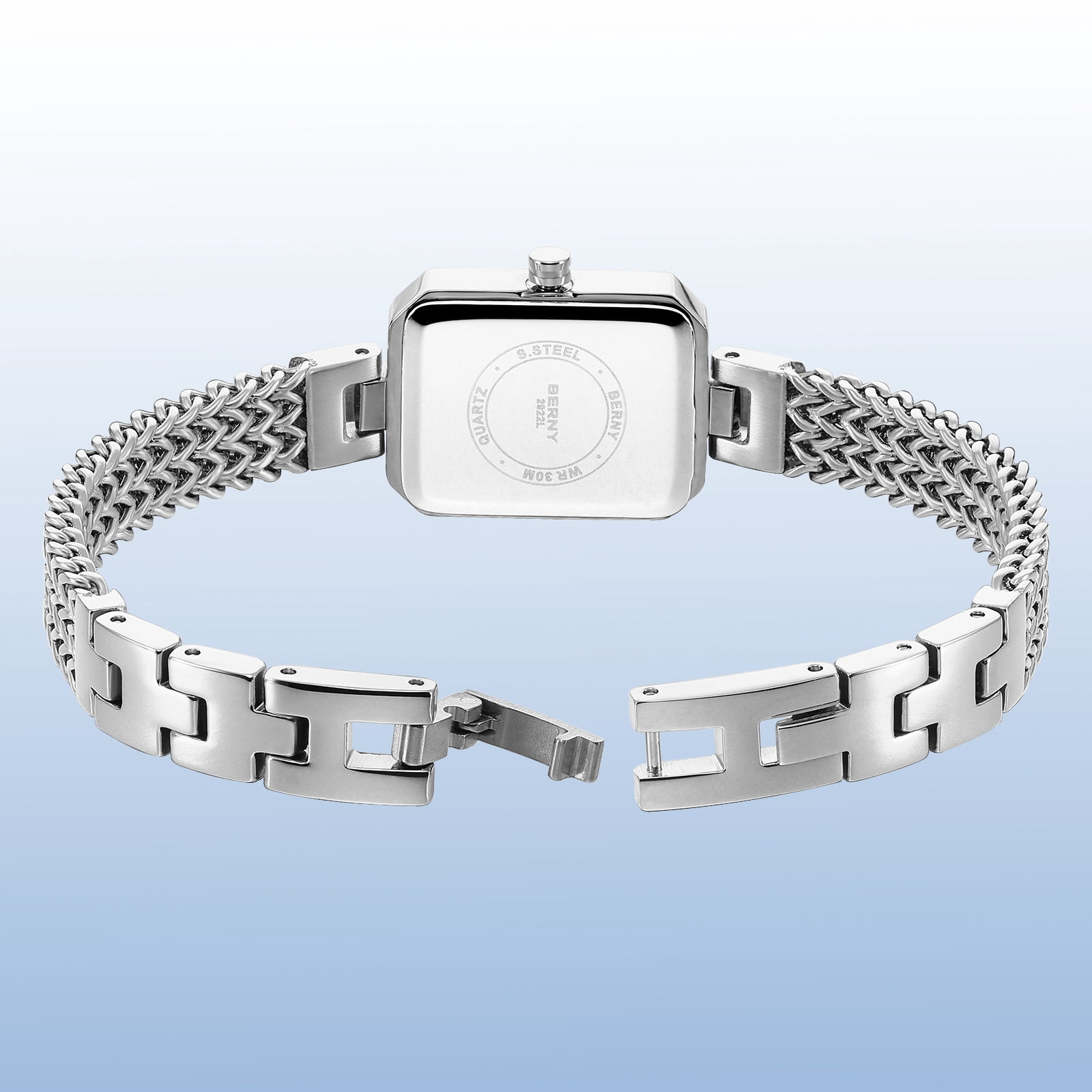 BERNY Silver Watches for Women, Dainty Rectangle Ladies Quartz Wrist Watch with Stainless Steel Bracelet Band, Waterproof Fashion Analog Women Watch Luxury Gift, Silver