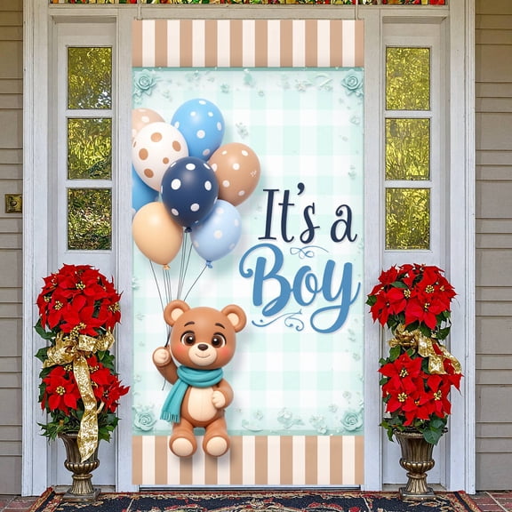 Blue Themed It's a Boy Banner Polka Dot Balloons Baby Shower Display Brown Teddy Bear Plaid Background Newborn Backdrop for Baby Shower Gender Reveal Photo Shoot