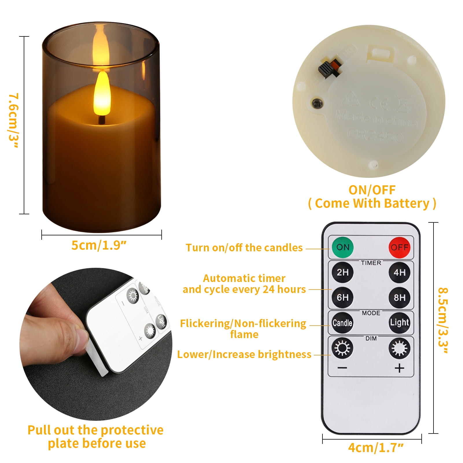 6Pack Glass Flickering Flameless Candles with Remote, 2"X3" Real Wax Votive Candles Battery Operated, Small Electric LED Candles for Wedding Home Decor, w/4 Timers+2 Lighting Modes [Gray]