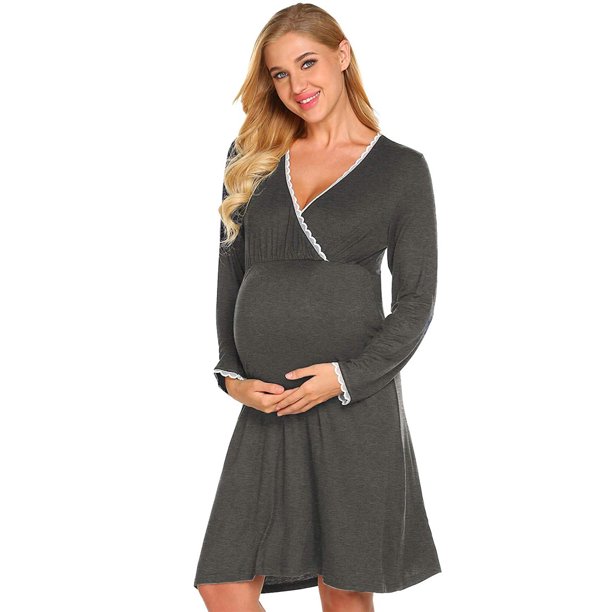 LAPA Women's Maternity Long Sleeve V Neck Dress Nursing Nightgown for