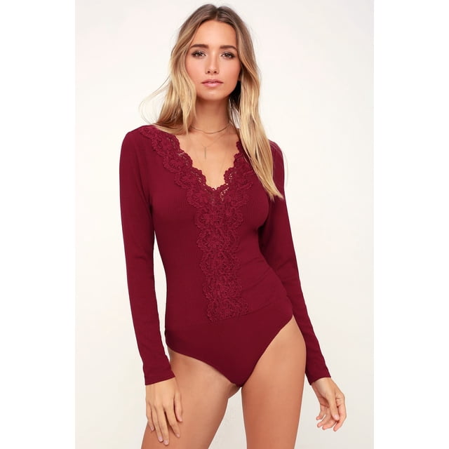 Tanga de una pieza de manga larga con encaje y escote en V sexy a rayas para mujer de otoño