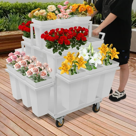 6 Tiers Flower Display Stand Rolling Flower Display Rack Flower Display Stand with 18 Buckets(White)