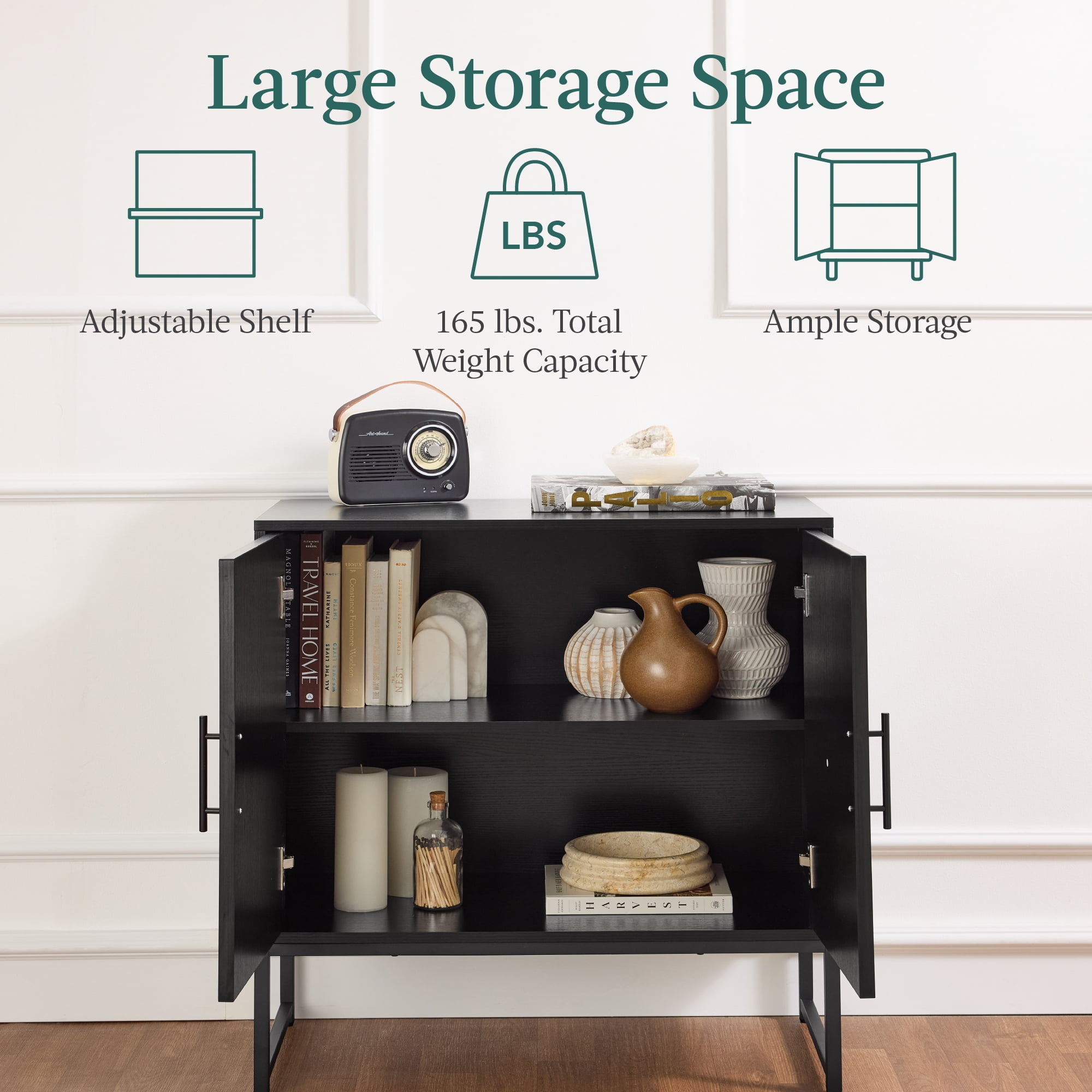 Best Choice Products 2-Door Slatted   Storage Cabinet, Accent Furniture w/ Non-Scratch Foot Pads - Black