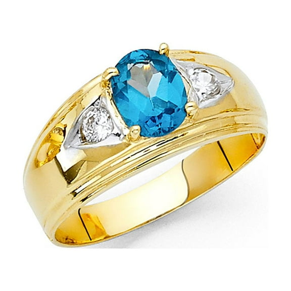 Solid 14k Yellow Gold Band Blue CZ Ring Mens Fashion Oval Diamond Cut Stylish Polished Fancy , Size 10