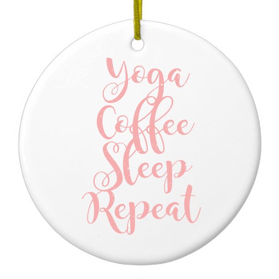 DistinctInk Hanging Ceramic Christmass Tree Ornament with Gold String - Great Gift / Present - 2 3/4 inch diameter - Yoga Coffee Sleep Repeat
