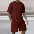 thumbnail image 2 of RYDCOT Men's Knitted Cotton 2 Piece Outfits Short Sleeve Crew Neck Summer T Shirt and Casual Track Shorts Sportswear Sets Wine, 2 of 6