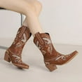 thumbnail image 3 of Cowboy Boots for Women Floral Embroidery Pointed Toe Chunky Heel Mid Calf Western Booties Country Concert Dress Cowgirl Boots Brown Size 12, 3 of 7