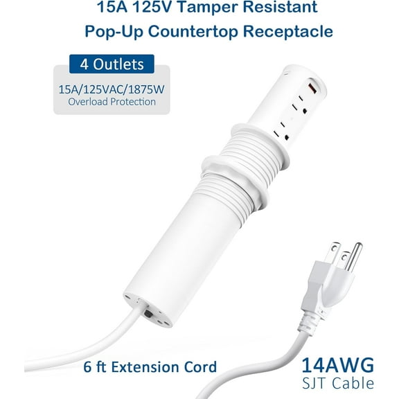 Pop Up Outlet for Countertop 2.5", 20W USB-C 4 USB Ports, 4 Tamper Resistant Outlets, 15A Flush Mount Recessed Power Socket, Space Saver, ETL Listed 1875W