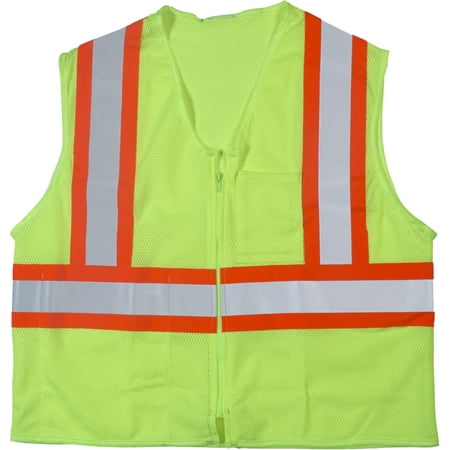 High Visibility ANSI Class 2 Safety Vest with 1 Outside and 1 Inside Pocket and 4" Orange/Silver/Orange Reflective Tape, Small/Medium, Lime