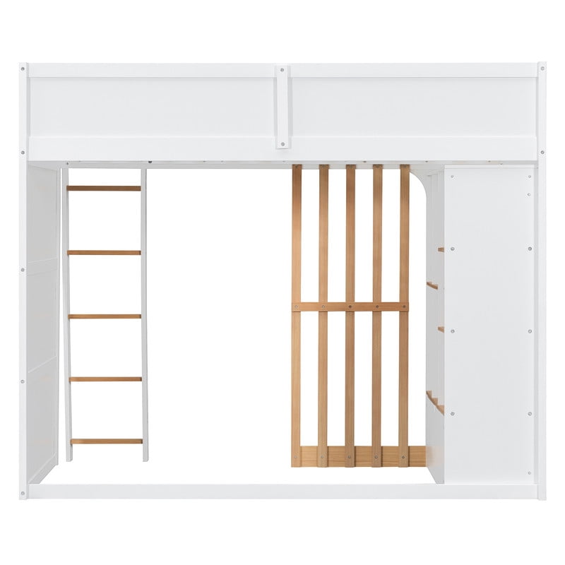 Twin Size Kids Loft Bed with Shelves, Wooden High Profile Teens Storage Bed Frame with Ladder and Removable Large Drawer