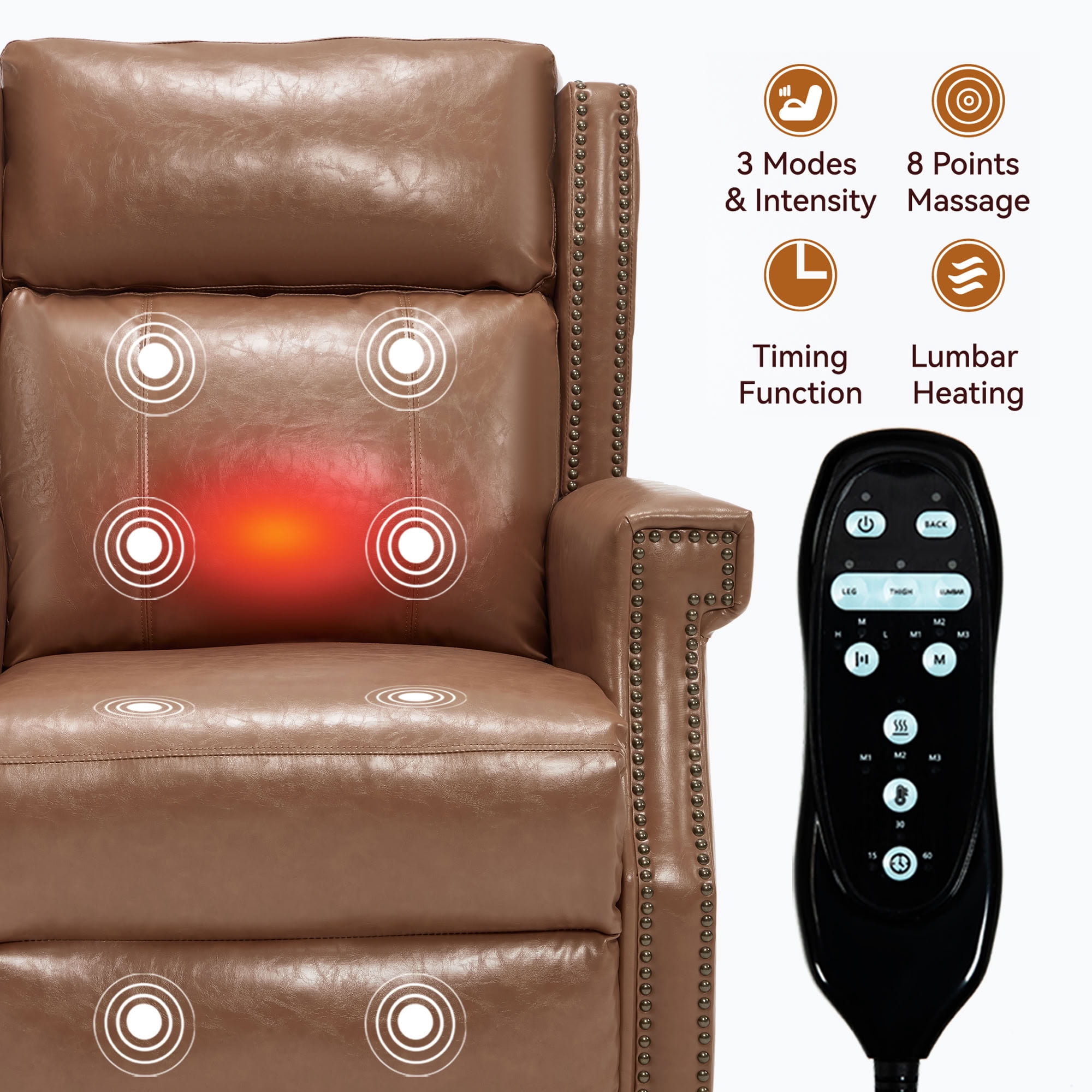 MAYEERTY Manual Massage Recliner Chair, Faux Leather Lounge Armchair with Nailhead Trim & Lumbar Heat, for Living Room Home Theater