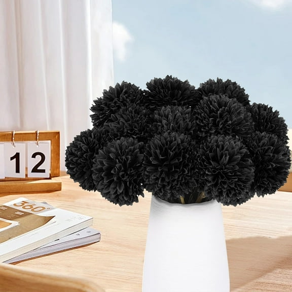 SDJMa 10 Pcs Artificial Chrysanthemums Flowers Ball Flowers, Fake Mums Flowers Black Silk Plants for Ghothic Home Decor Indoor Floral Arrangement Halloween Table Centerpiece (Black)