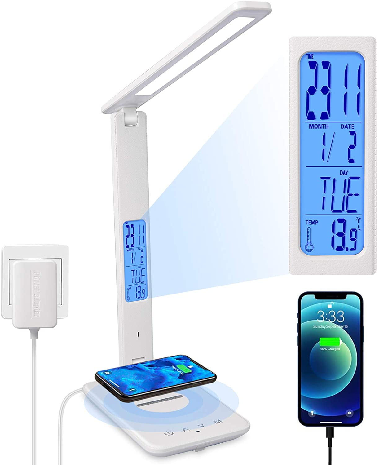 Built-in Clock Calendar Desk Lamp with Wireless Charger LED Desk Lamp Suitable for Home Office Dimmable Desk Lamp Thermometer and Automatic Timing Reading Desk Lamp. with USB Charging Port