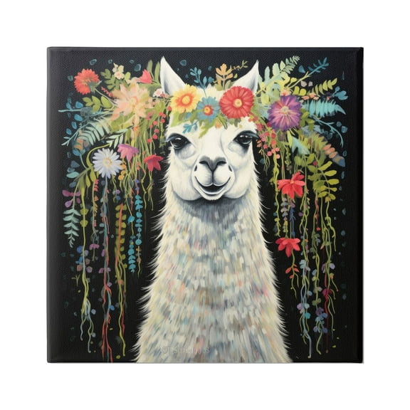 Stupell Industries Floral Llama on Black Animals & Insects Painting Gallery Wrapped Canvas Art Print Wall Art, 17 x 17