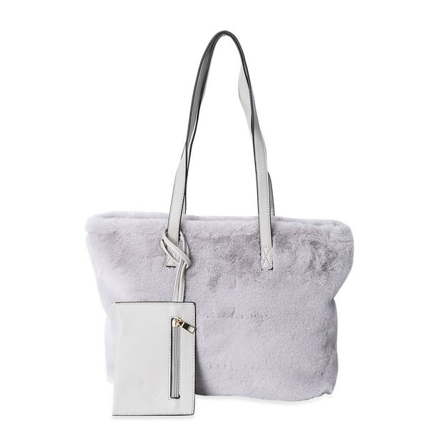 Shop LC - Light Gray Acrylic Faux Fur Tote Bag Work Bag Purse Laptop Shoulder Messenger Travel ...
