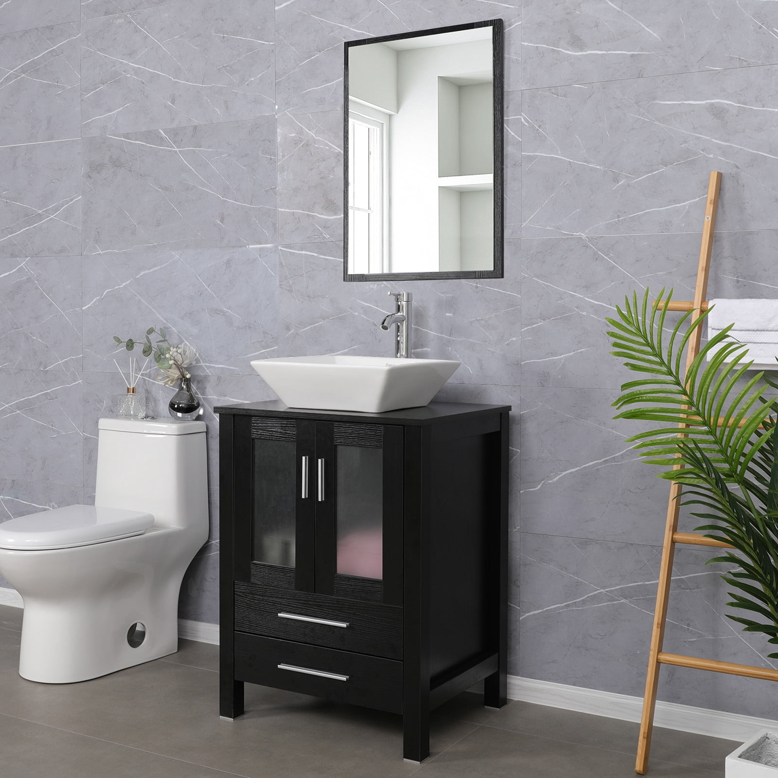 Eclife 24" Black Bathroom Vanity Set with Wood Top, White Ceramic Sink, Water Saving Faucet,Pop up Drain Combo