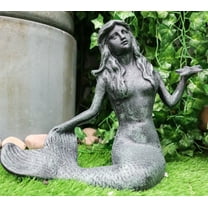 13"L Cast Iron Large Nautical Siren Mermaid Holding Starfish Verdi Green Statue